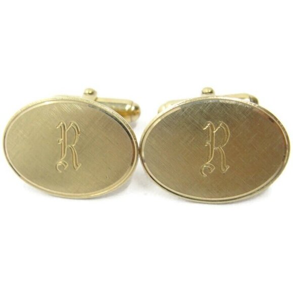 "R" Initial Vintage 12K Gold Filled Cufflinks Vintage Brushed Finish - Picture 2 of 16